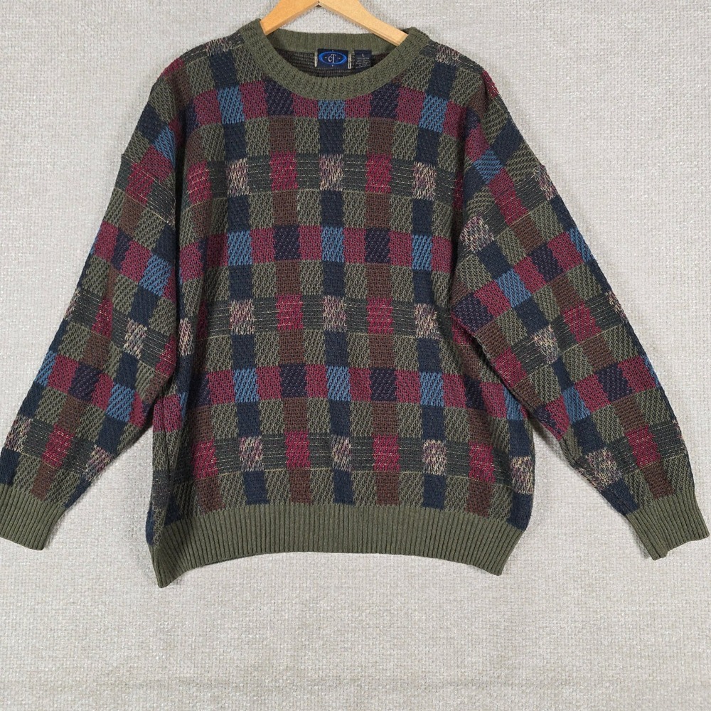 CT Mens Large Vintage Checkered Knit Crewneck Sweater Multi Color‎ Bulgaria
